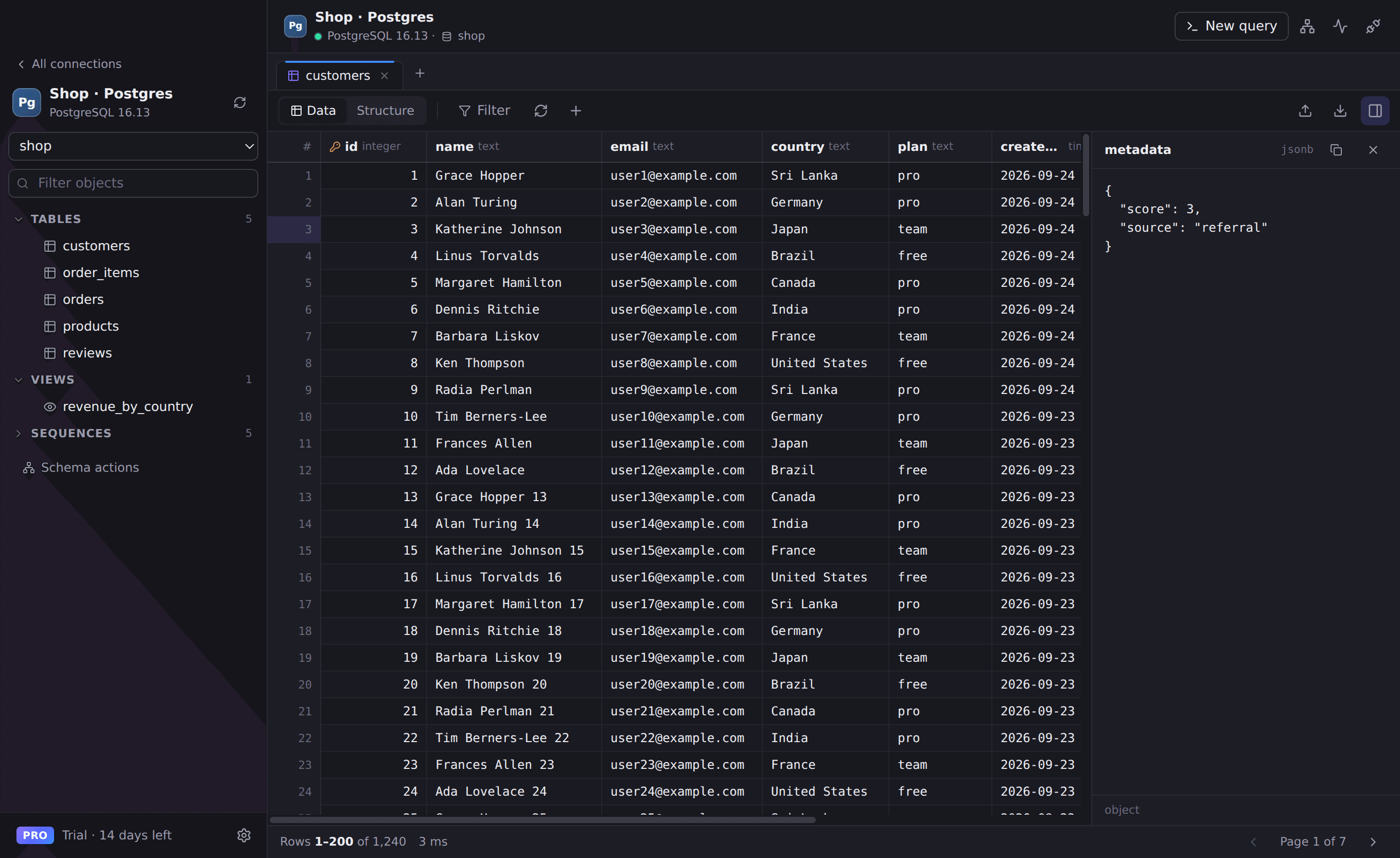 Rowwright browsing a PostgreSQL customers table with a JSONB value inspector